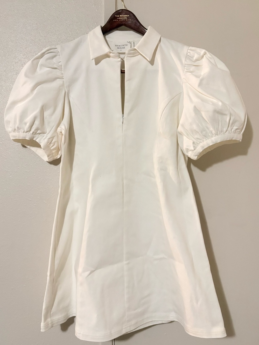 Hyacinth House White Puff Sleeve Mini Dress W/ Collar & V Neck Zip Up